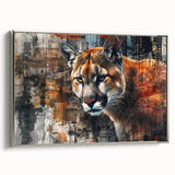 Framed canvas wall art featuring a sleek silver cougar design in profile view, showcasing intricate details and vibrant colors, perfect for modern home decor.