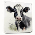 Acrylic wall art depicting a stylized cow design from a wildlife collection, showcasing vibrant colors and intricate details, displayed in a modern setting with pins for hanging.