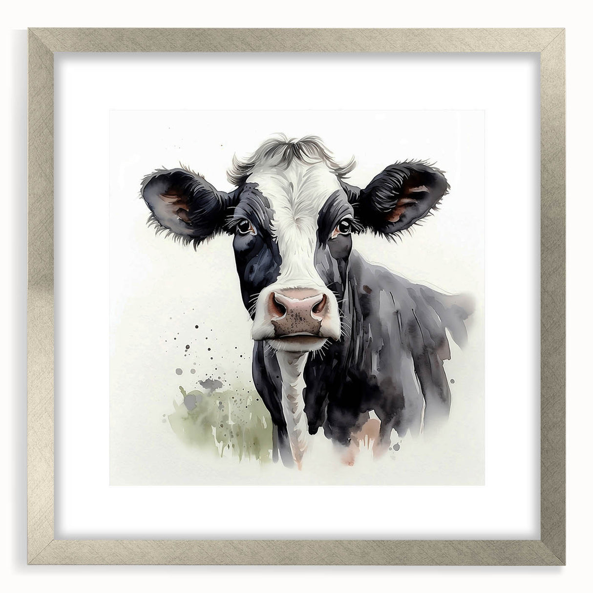 Silver-framed wall art showcasing a whimsical cow design, featuring intricate details and a matte finish, ideal for enhancing any rustic or farmhouse decor.