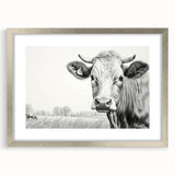 Framed wall art featuring a stylish cow design in a silver frame with a mat, perfect for adding a contemporary touch to any living space or gallery.