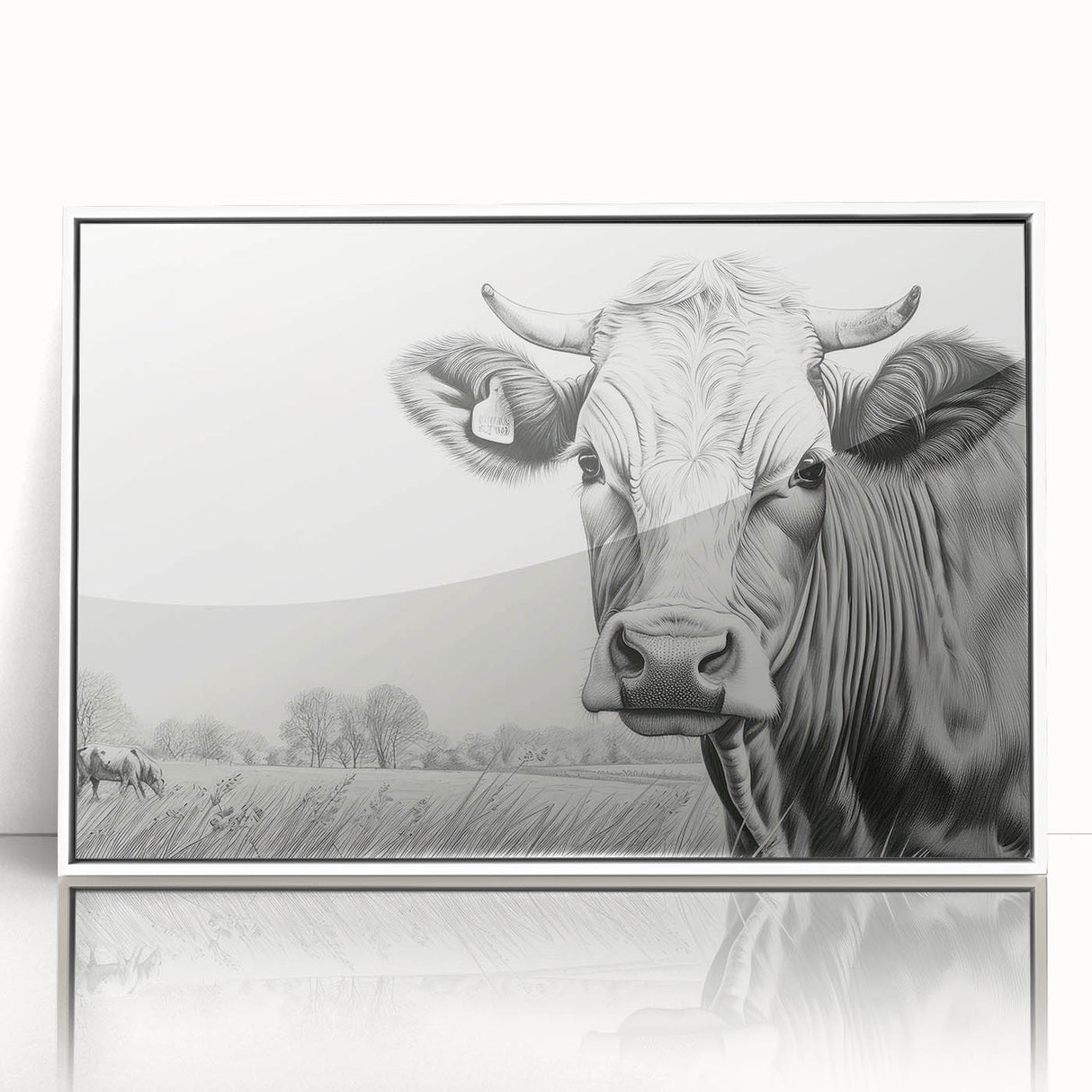 Framed acrylic wall art featuring a minimalist cow design in a white frame, showcasing a modern aesthetic perfect for animal lovers and contemporary decor.