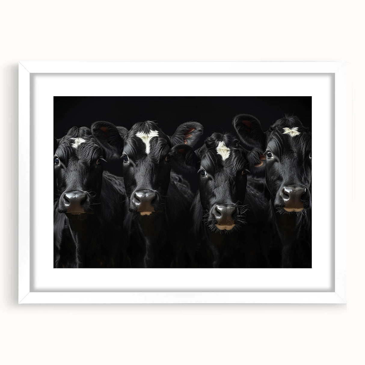 Framed wall art collection showcasing a cow design, featuring a white mat and sleek frame, perfect for adding a rustic touch to home decor. Ideal for animal lovers and farmhouse aesthetics.