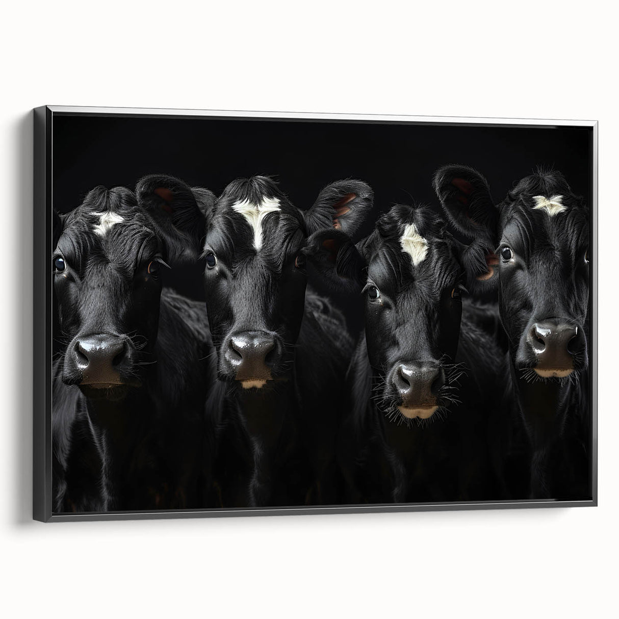 Framed canvas wall art featuring a black and white cow design, capturing intricate details and textures, perfect for animal lovers and rustic decor enthusiasts.