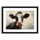 Black-framed wall art featuring a serene cow design, set against a neutral mat background, perfect for adding a touch of rustic charm to home decor.