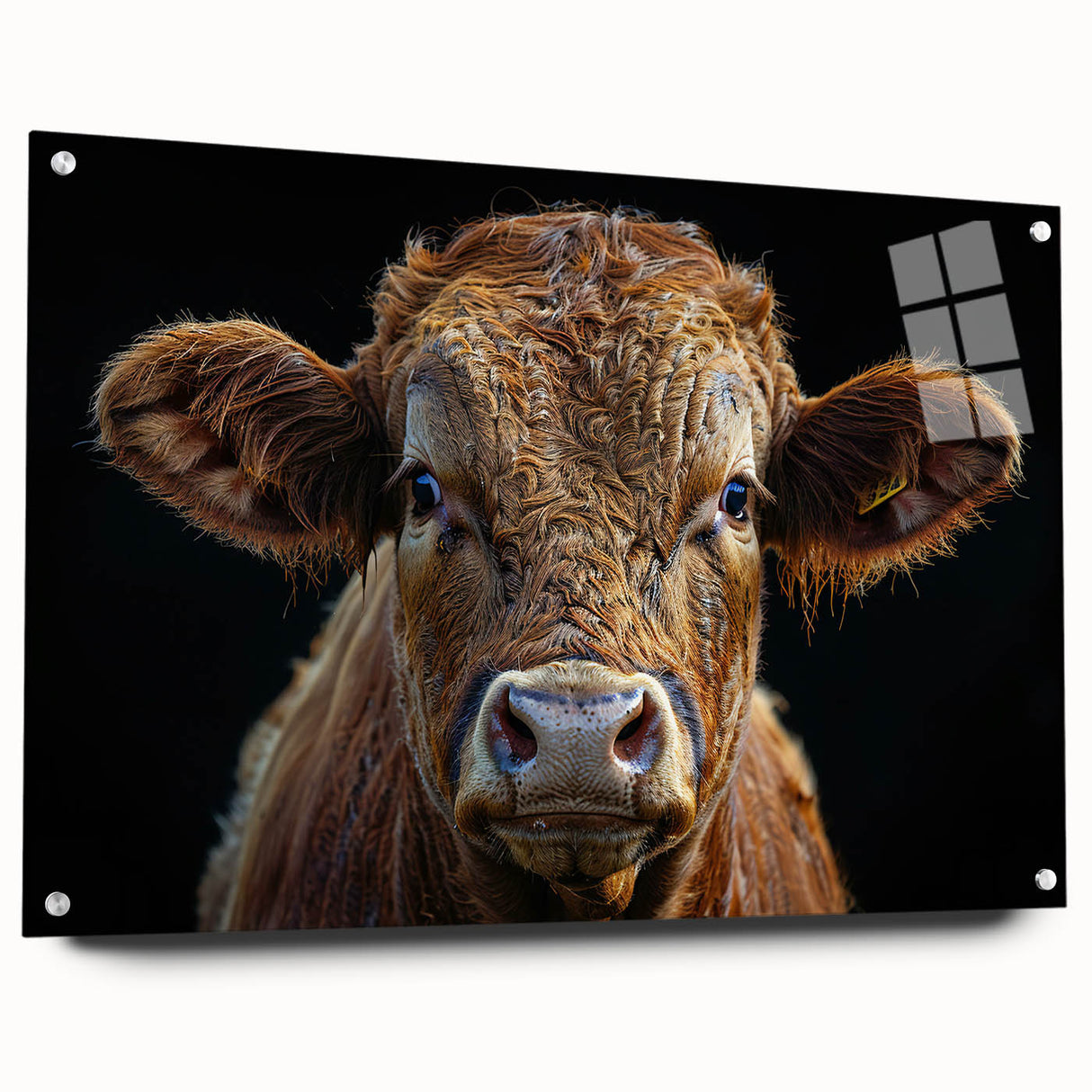 Side view of a cow-themed acrylic wall art piece showcasing vibrant colors and intricate details, set against a minimalist background, perfect for animal lovers' decor.