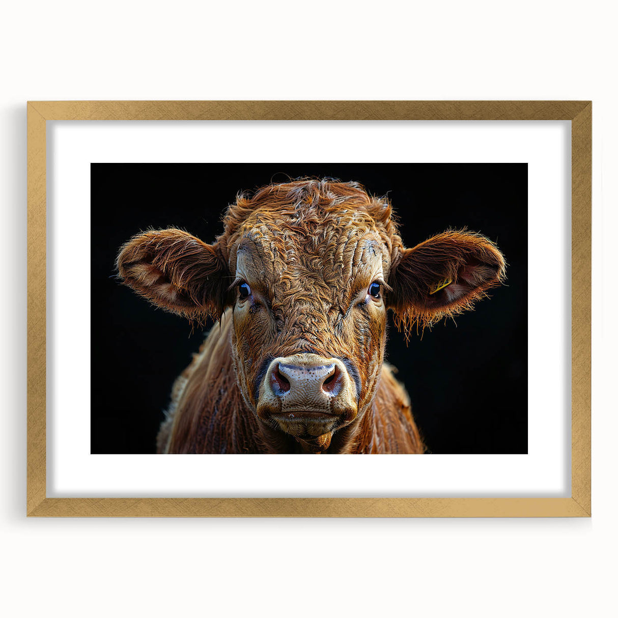 Gold-framed wall art featuring a detailed cow design, showcasing vibrant colors and intricate patterns, perfect for enhancing rustic or farmhouse decor.