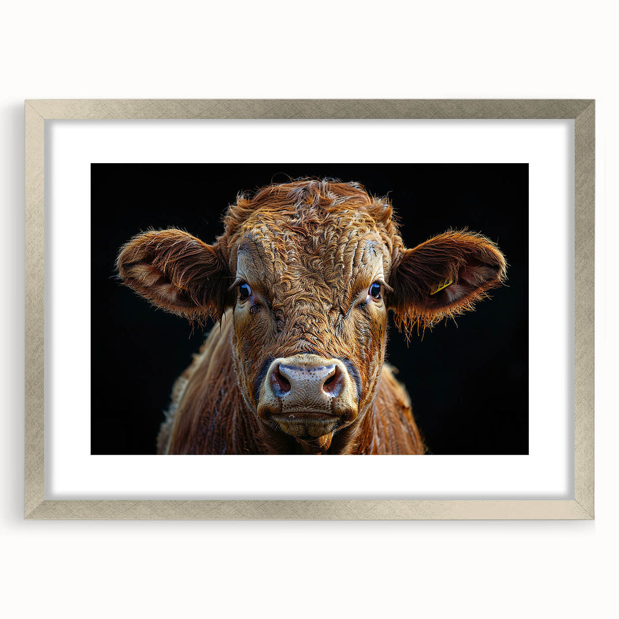 Framed wall art featuring a detailed cow design with a silver mat, perfect for enhancing rustic or country-themed decor. Ideal for animal lovers and art collectors.