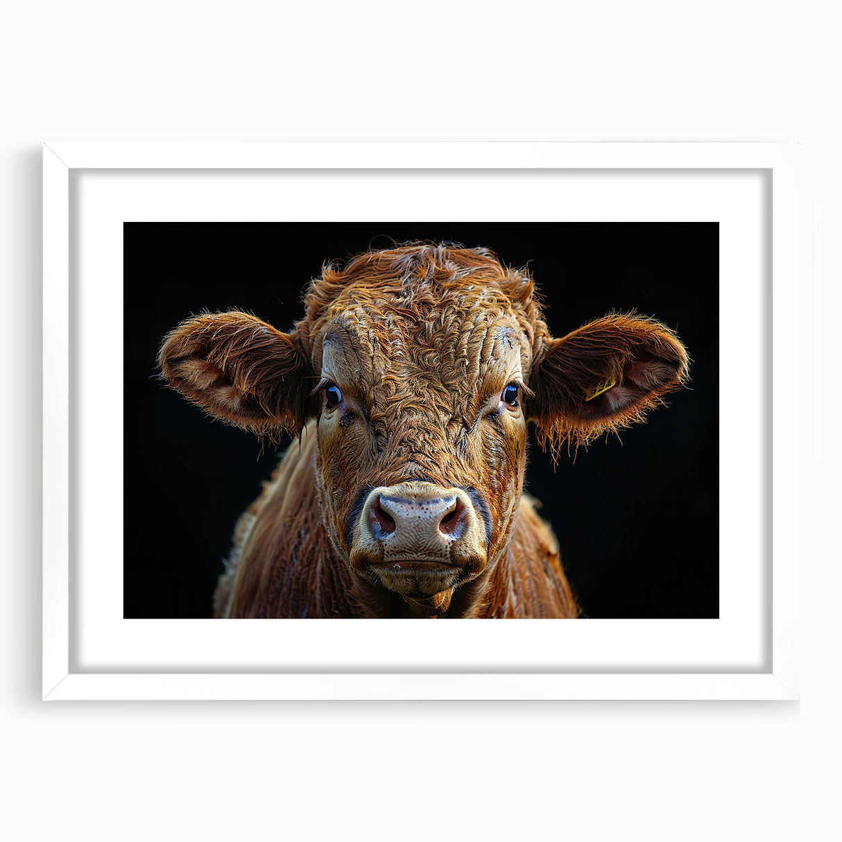 Framed wall art featuring a striking cow design, showcasing intricate details and vibrant colors, set against a white mat and sleek frame, ideal for animal lovers.