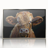 Framed acrylic wall art featuring a vibrant cow design in a silver frame, showcasing a modern wildlife theme perfect for animal lovers' decor.