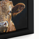 Close-up of a framed canvas wall art featuring a detailed cow design from the "Animals A Wild Life" collection, showcasing vibrant colors and intricate textures, perfect for animal lovers and home decor enthusiasts.