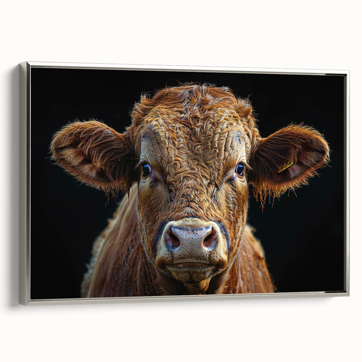 Framed wall art featuring a silver side view of a cow design, showcasing intricate details and vibrant colors, perfect for animal lovers and home decor enthusiasts.