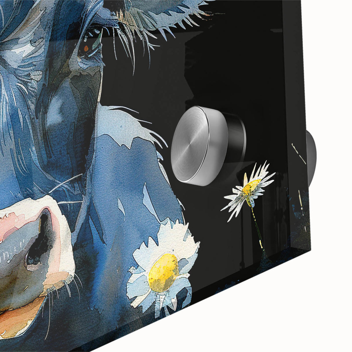 Close-up of a vibrant acrylic wall art piece featuring a whimsical cow design, showcasing intricate details and vivid colors against a sleek background, perfect for animal lovers and modern home decor.