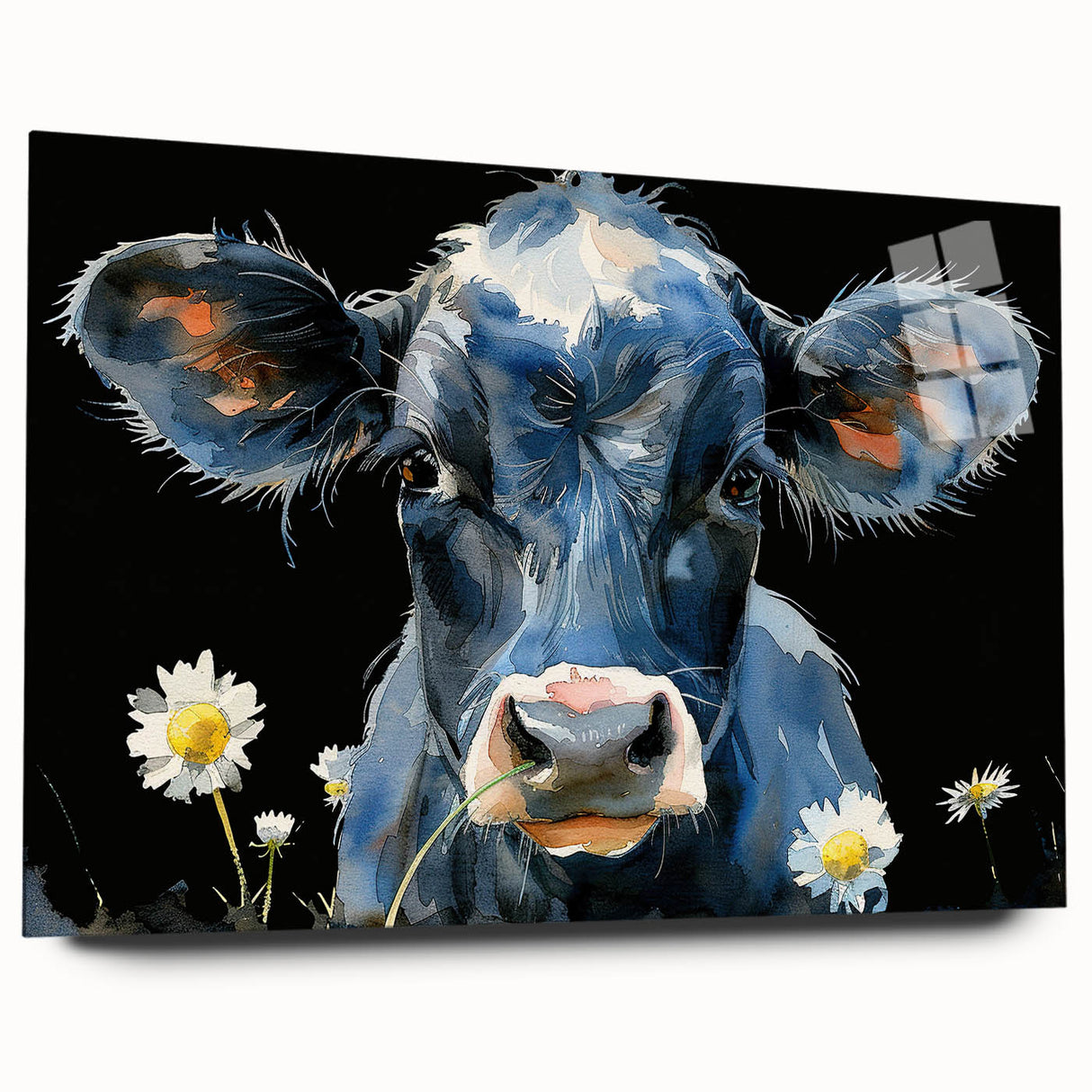 Acrylic wall art showcasing a side view of a vibrant cow design from the 'Animals A Wild Life' collection, highlighting intricate colors and details on glass.