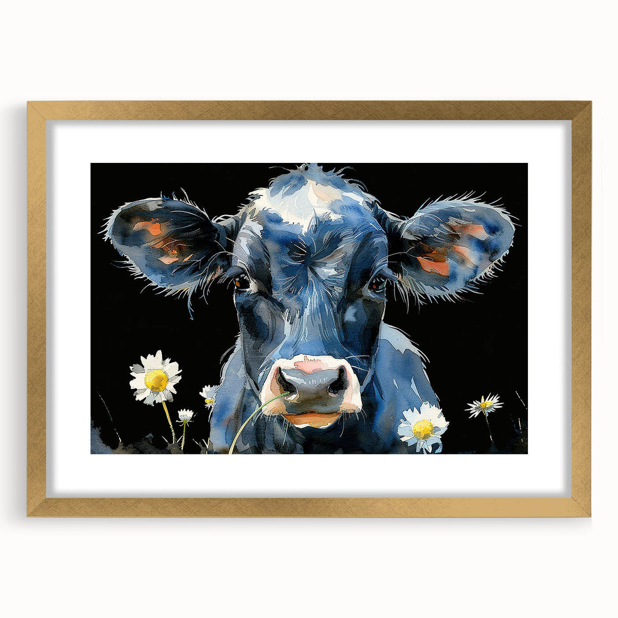 Framed wall art featuring a striking cow design in gold accents, showcasing intricate details and textures, ideal for animal lovers and rustic decor enthusiasts.