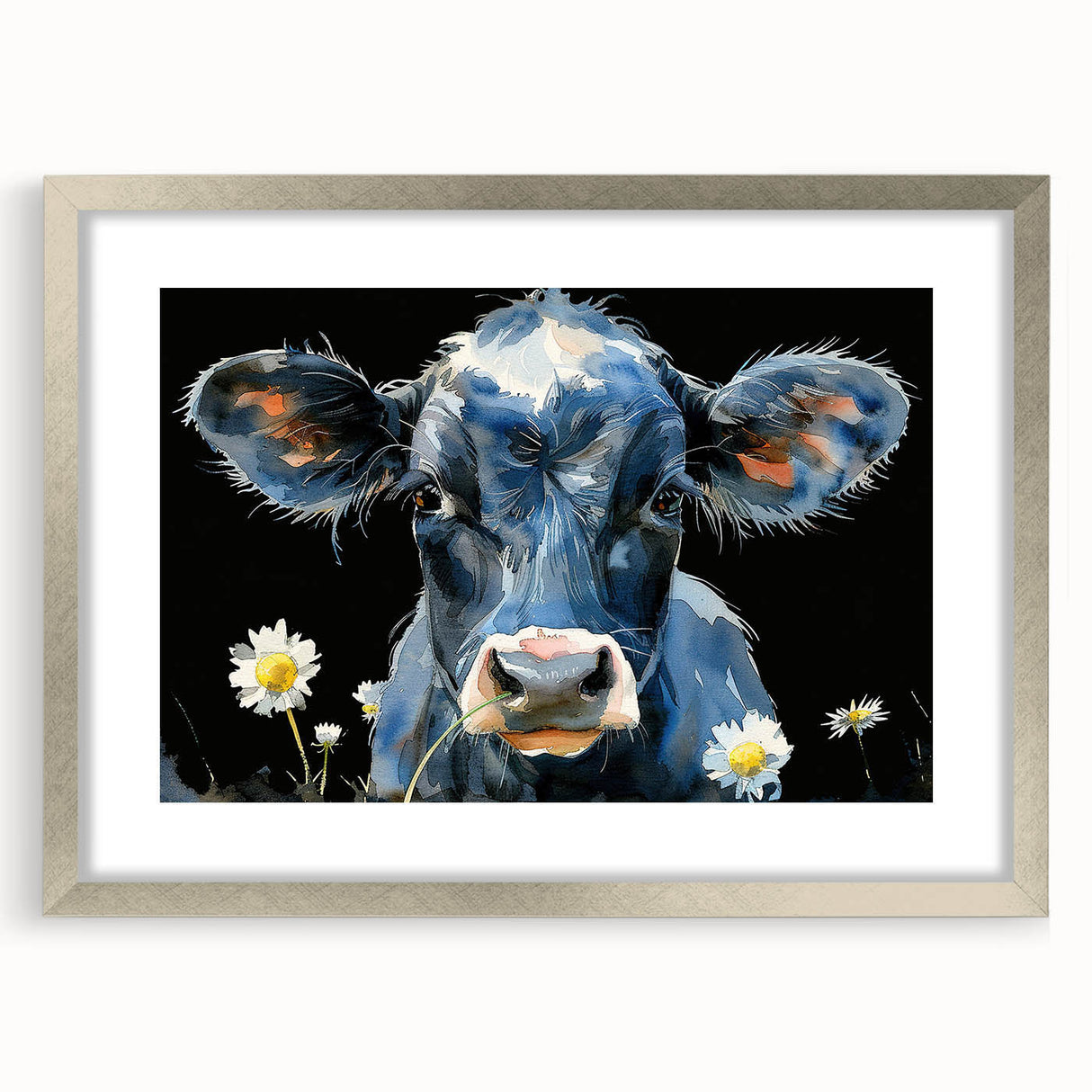 Framed wall art featuring a silver mat and a cow design, showcasing vibrant colors and intricate details, ideal for animal lovers and rustic decor enthusiasts.