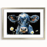 Framed wall art featuring a silver mat and a cow design, showcasing vibrant colors and intricate details, ideal for animal lovers and rustic decor enthusiasts.