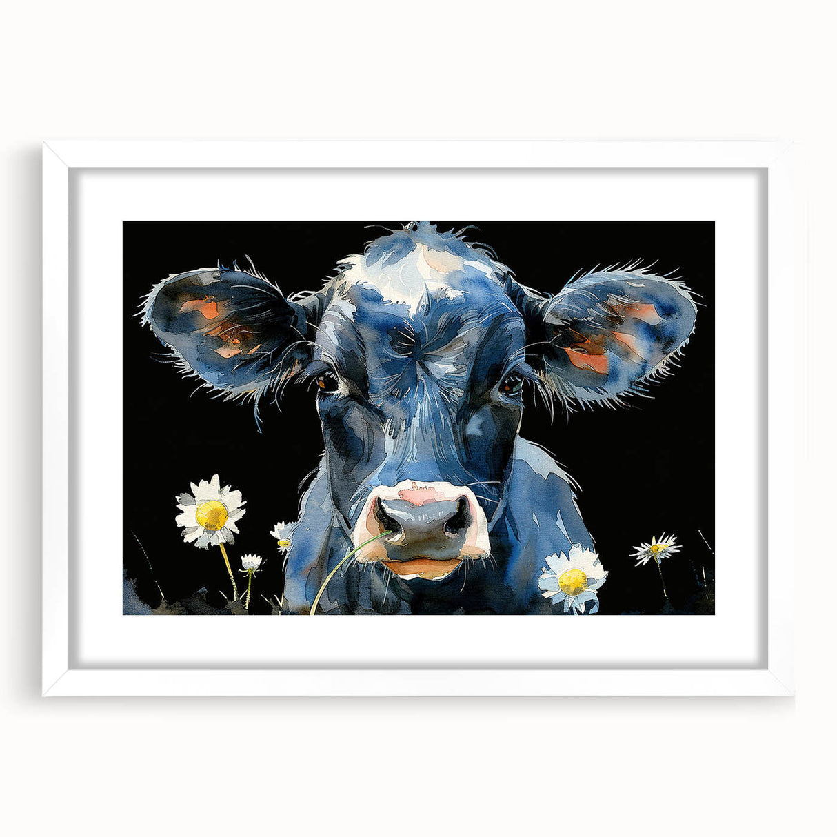 Framed wall art collection featuring a striking cow design, displayed in a white mat and frame, perfect for enhancing rustic or farmhouse decor in any room.