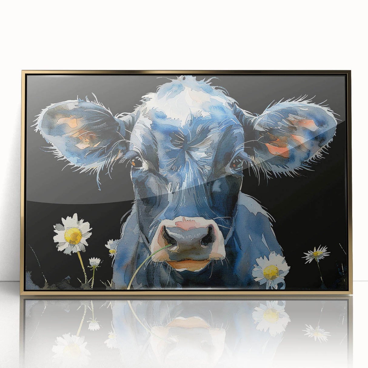 Framed wall art featuring a vibrant cow design in gold-accented acrylic, showcasing a modern interpretation of wildlife, perfect for animal lovers and contemporary decor.