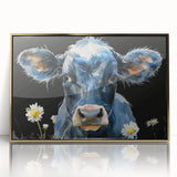 Framed wall art featuring a vibrant cow design in gold-accented acrylic, showcasing a modern interpretation of wildlife, perfect for animal lovers and contemporary decor.