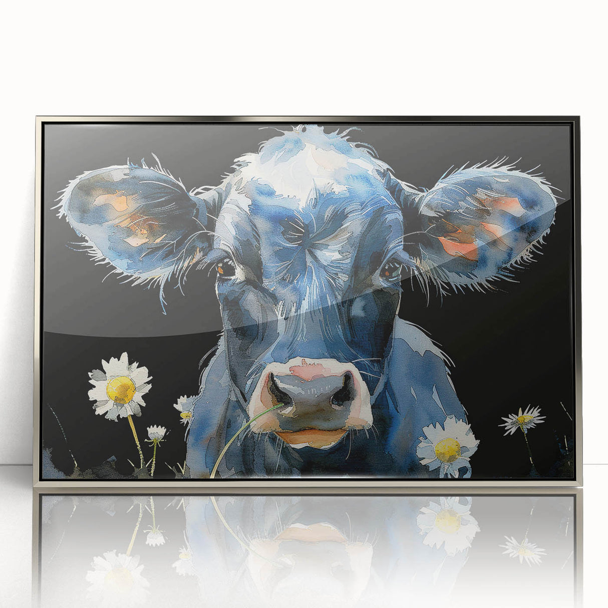 Framed wall art showcasing a cow design in a wild-life theme, with a sleek silver frame and clear acrylic front, perfect for rustic home decor.