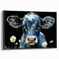 Framed canvas wall art featuring a striking black and white cow design from the "Animals A Wild Life" collection, showcasing intricate details and textures. Perfect for modern home decor enthusiasts looking to add a touch of nature-inspired elegance to their space.