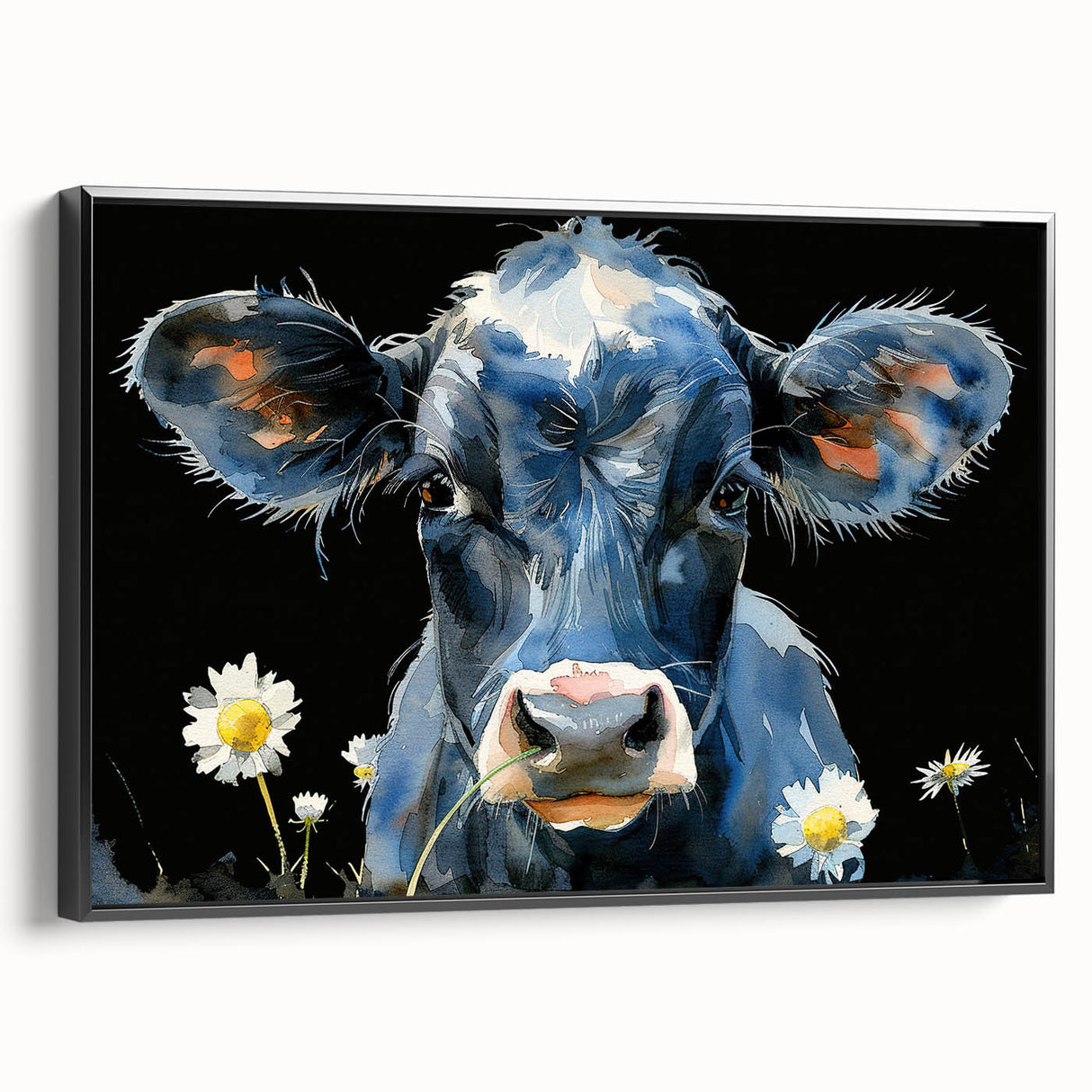 Framed canvas wall art featuring a striking black and white cow design from the "Animals A Wild Life" collection, showcasing intricate details and textures. Perfect for modern home decor enthusiasts looking to add a touch of nature-inspired elegance to their space.