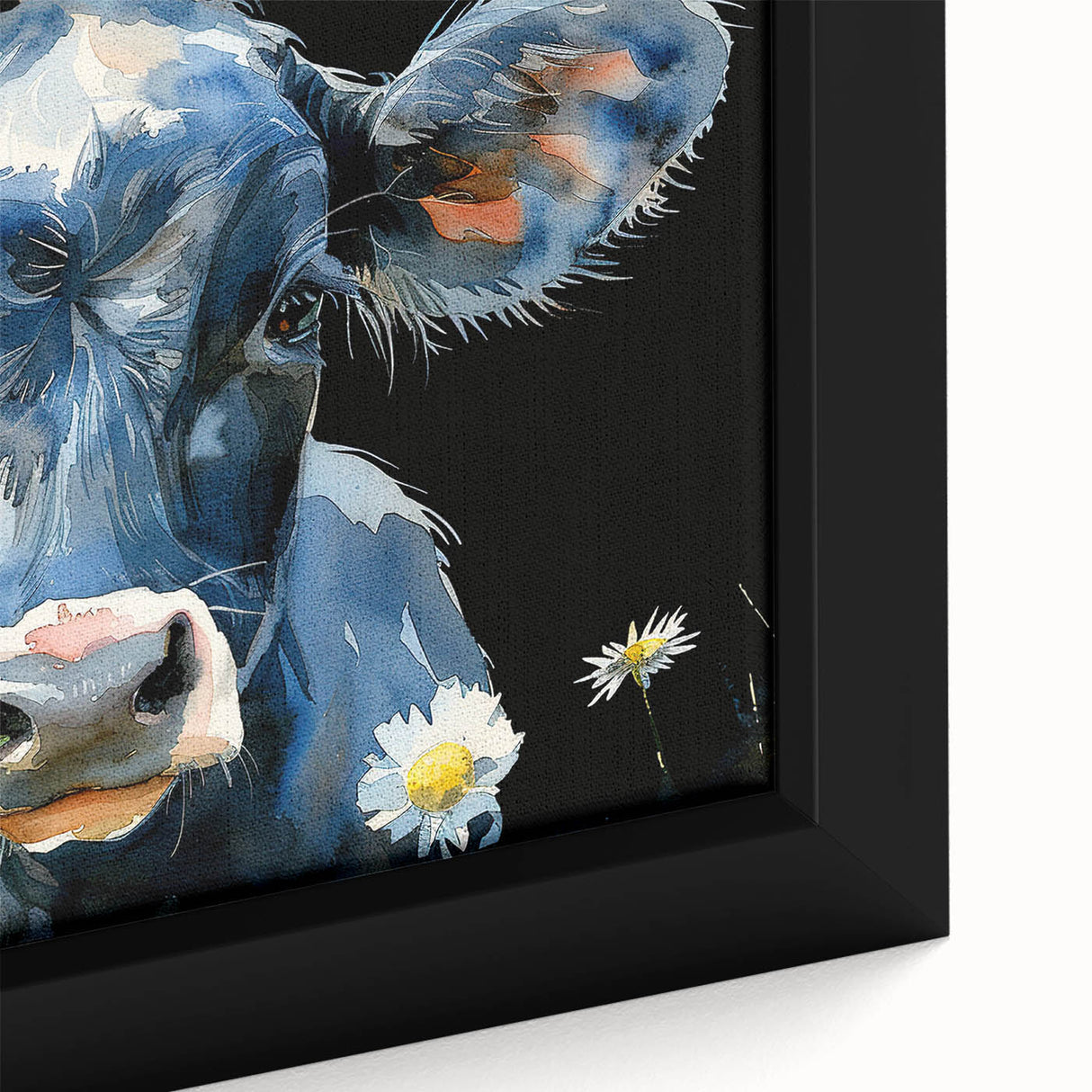 Close-up of a framed canvas wall art featuring a detailed cow design, showcasing vibrant colors and intricate textures, perfect for animal lovers and rustic decor.