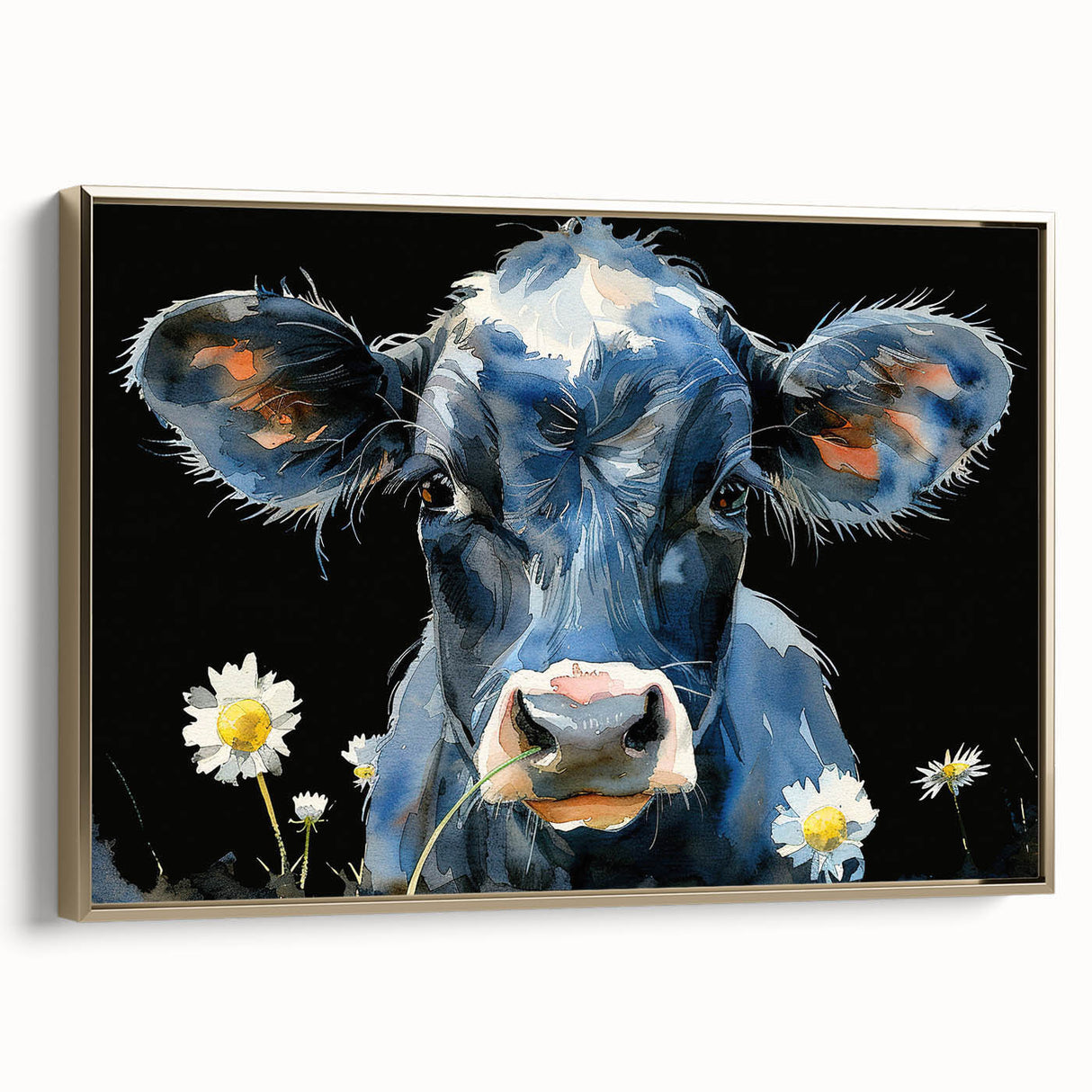Framed wall art featuring a stylish cow design in a modern aesthetic, highlighted with a gold border, perfect for adding a touch of elegance to any home decor.