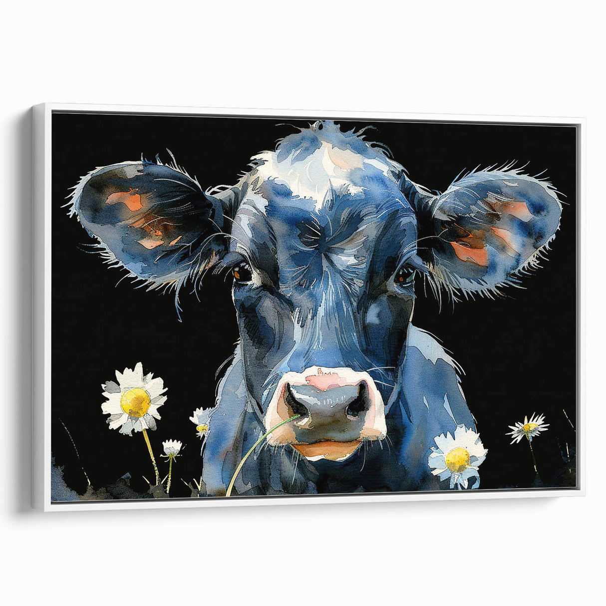 Framed canvas wall art featuring a cow design from the Animals A Wild Life collection, showcased against a white background, ideal for animal lovers and home decor.