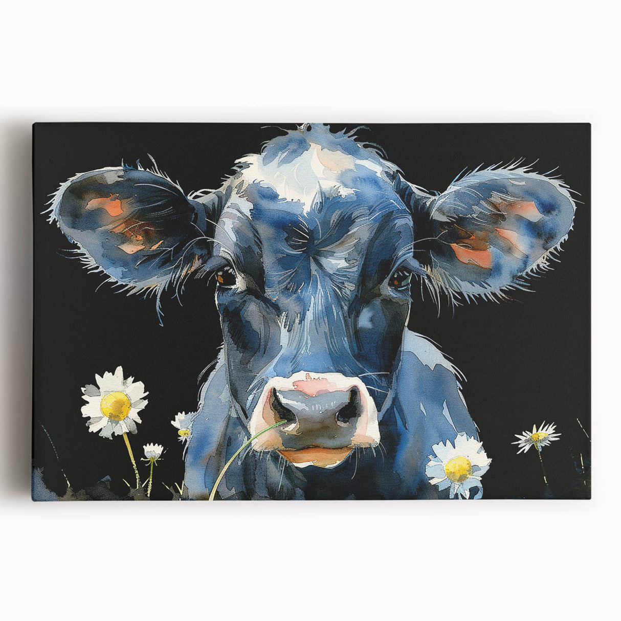 Stretched canvas wall art featuring a vibrant cow design in a colorful, abstract style, perfect for animal lovers and modern decor enthusiasts. Ideal for home or office settings.