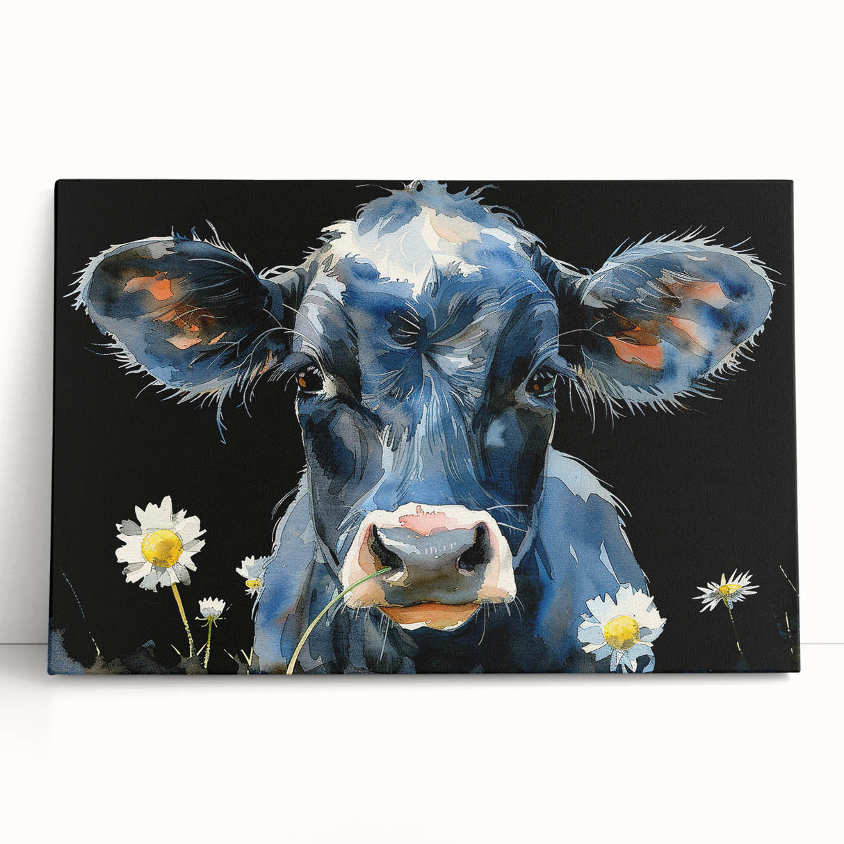 Cow-themed wall art collection featuring a vibrant, colorful design on stretched canvas, perfect for adding a rustic touch to home decor.