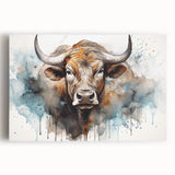 Stretched canvas wall art showcasing a colorful cow design, highlighting intricate details and vibrant hues, perfect for adding a rustic touch to home decor.