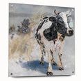 Acrylic wall art featuring a vibrant cow design from a wildlife collection, displayed in a side view with decorative pins, ideal for animal lovers' decor.