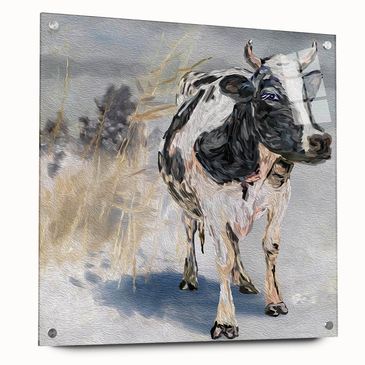 Acrylic wall art featuring a vibrant cow design from a wildlife collection, displayed in a side view with decorative pins, ideal for animal lovers' decor.