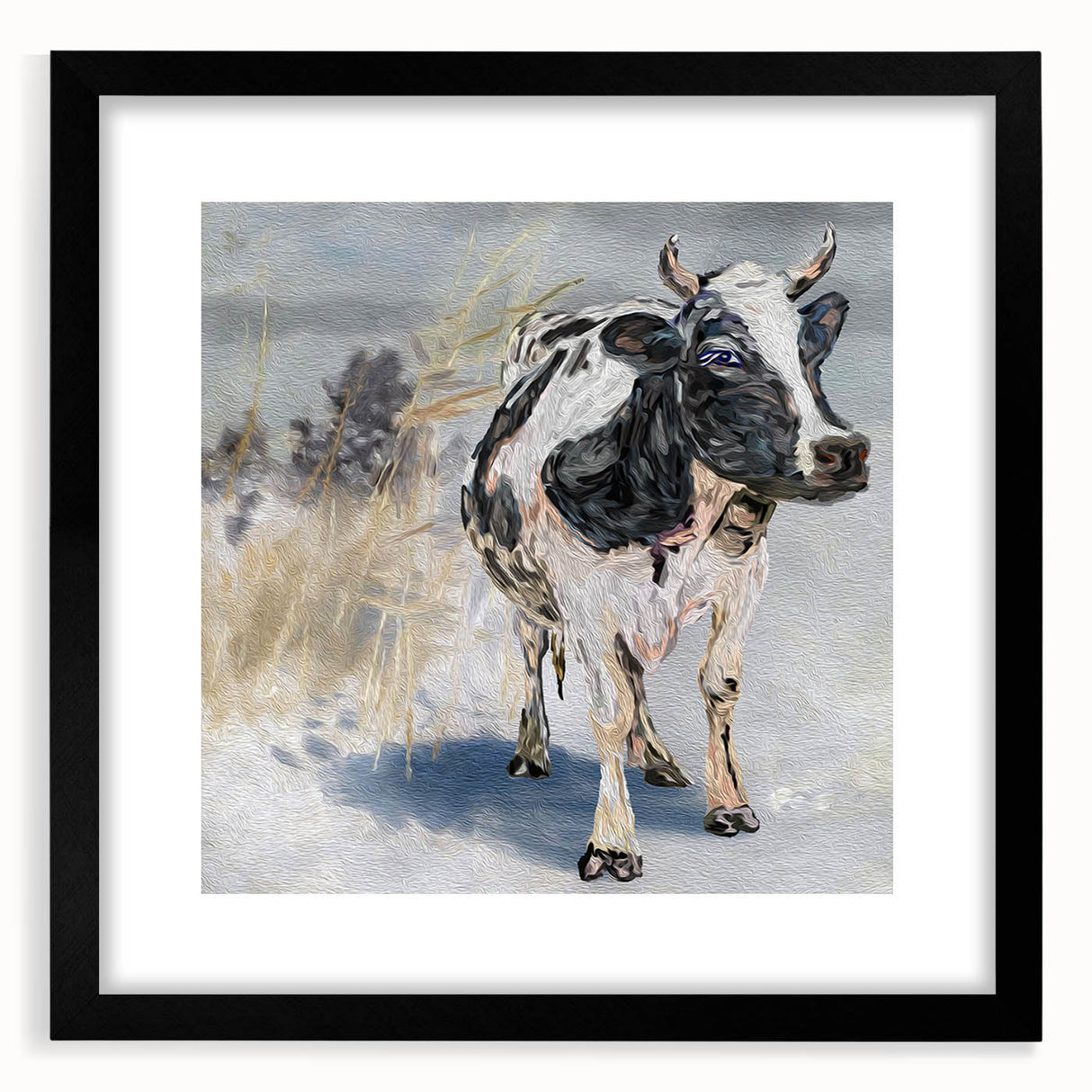 Black-framed wall art featuring a striking cow design from the "Animals A Wild Life" collection, showcasing intricate details and vibrant colors, perfect for animal lovers and home decor enthusiasts.