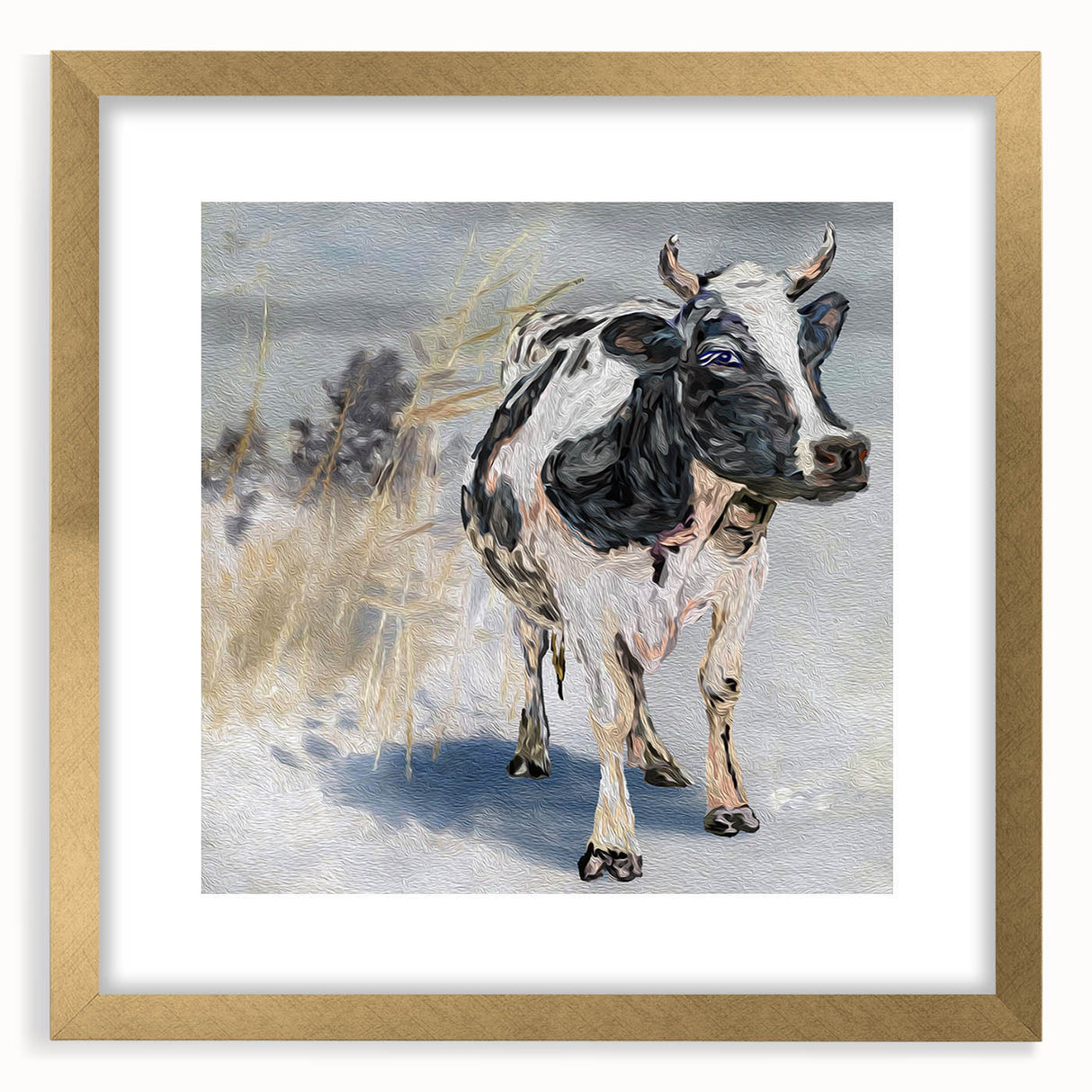Gold-framed wall art featuring a wild cow design, showcasing intricate details and vibrant colors, perfect for animal lovers and modern home decor. This elegant piece enhances any living space with its unique artistic expression.