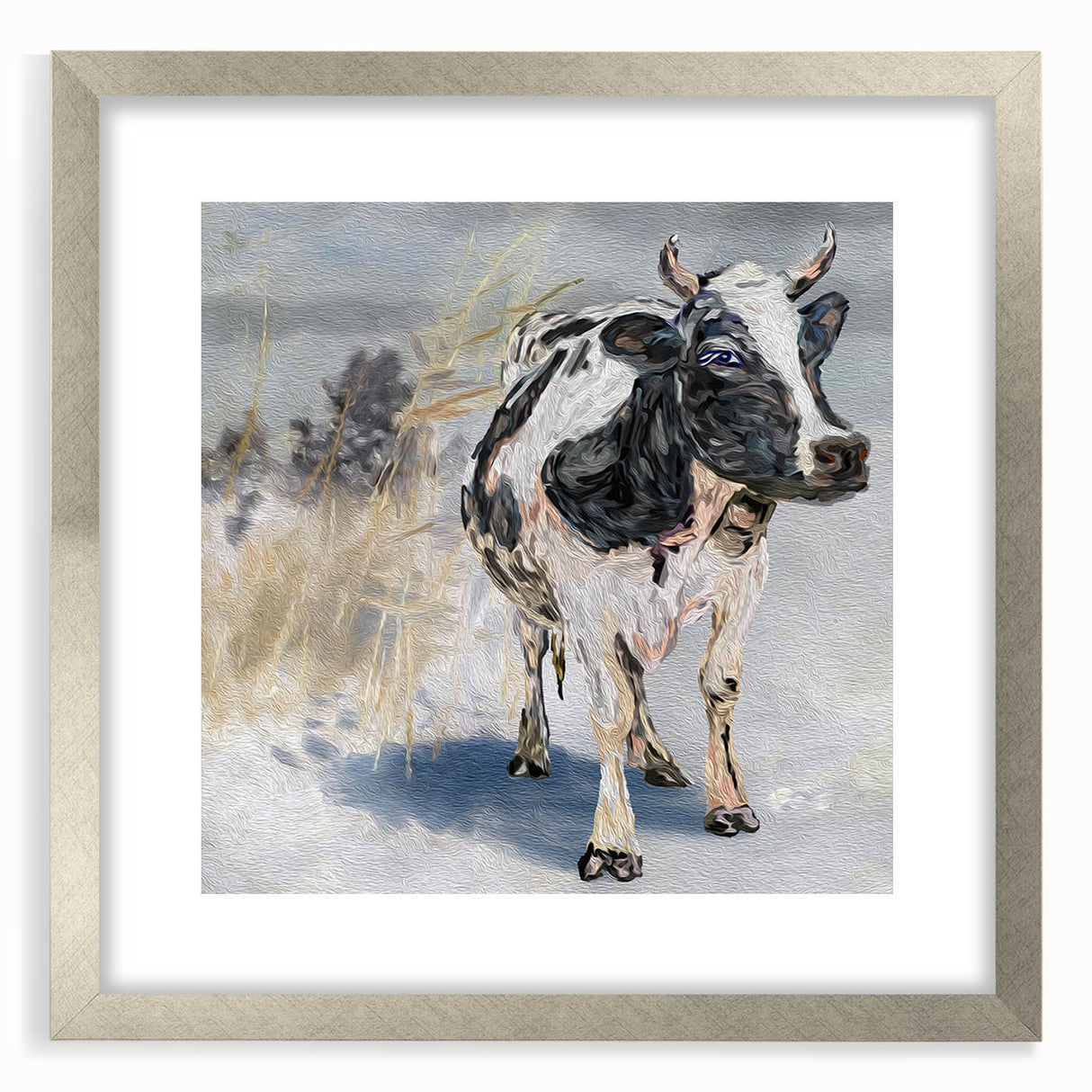 Framed wall art collection featuring a stylish silver border and a cow design, ideal for animal lovers and home decor enthusiasts, showcasing vibrant colors and intricate details.