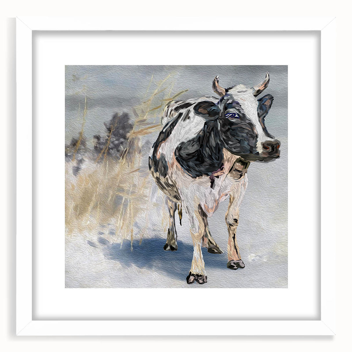 Framed wall art collection featuring a stylish cow design, set in a sleek white frame with a mat, ideal for enhancing modern home decor. Perfect for animal lovers and art enthusiasts.