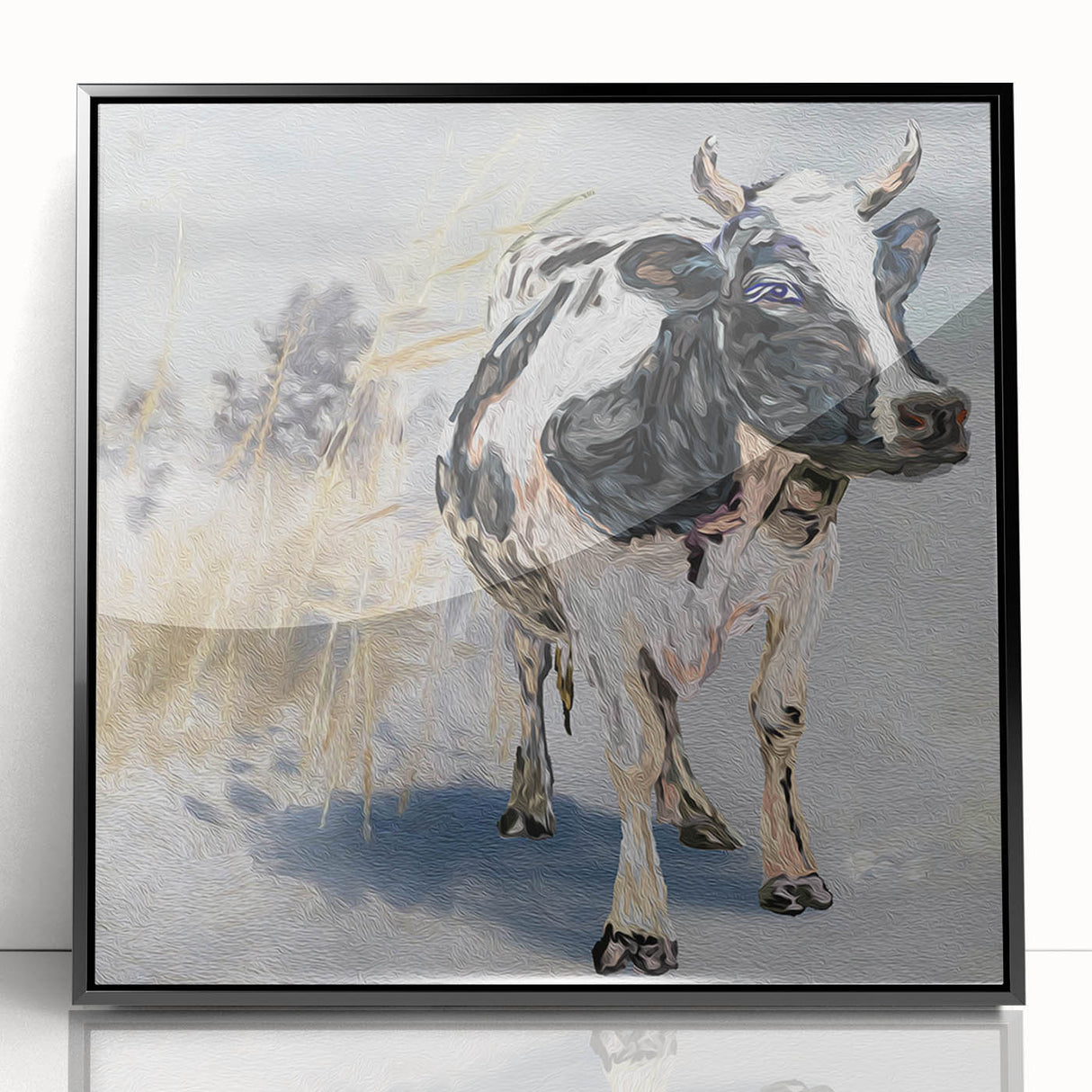 Framed acrylic wall art showcasing a striking cow design from the Animals A Wild Life collection, featuring a black frame and vibrant colors, perfect for animal lovers.