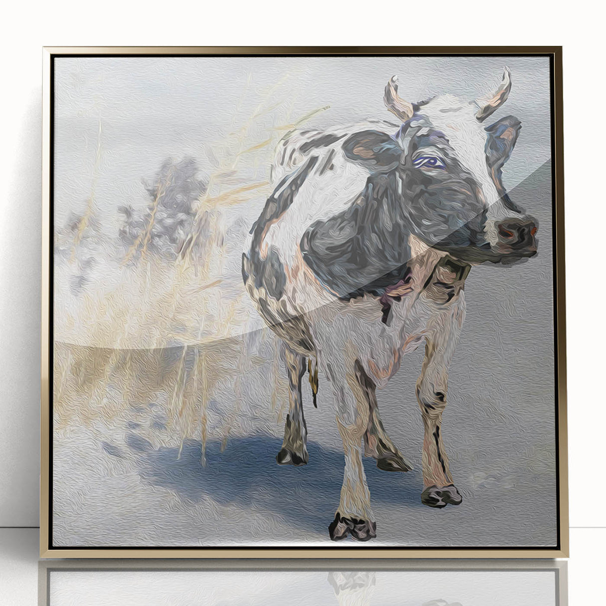 Framed wall art featuring a striking cow design in a gold-acrylic finish, showcasing intricate details and vibrant colors, perfect for animal lovers and modern decor.
