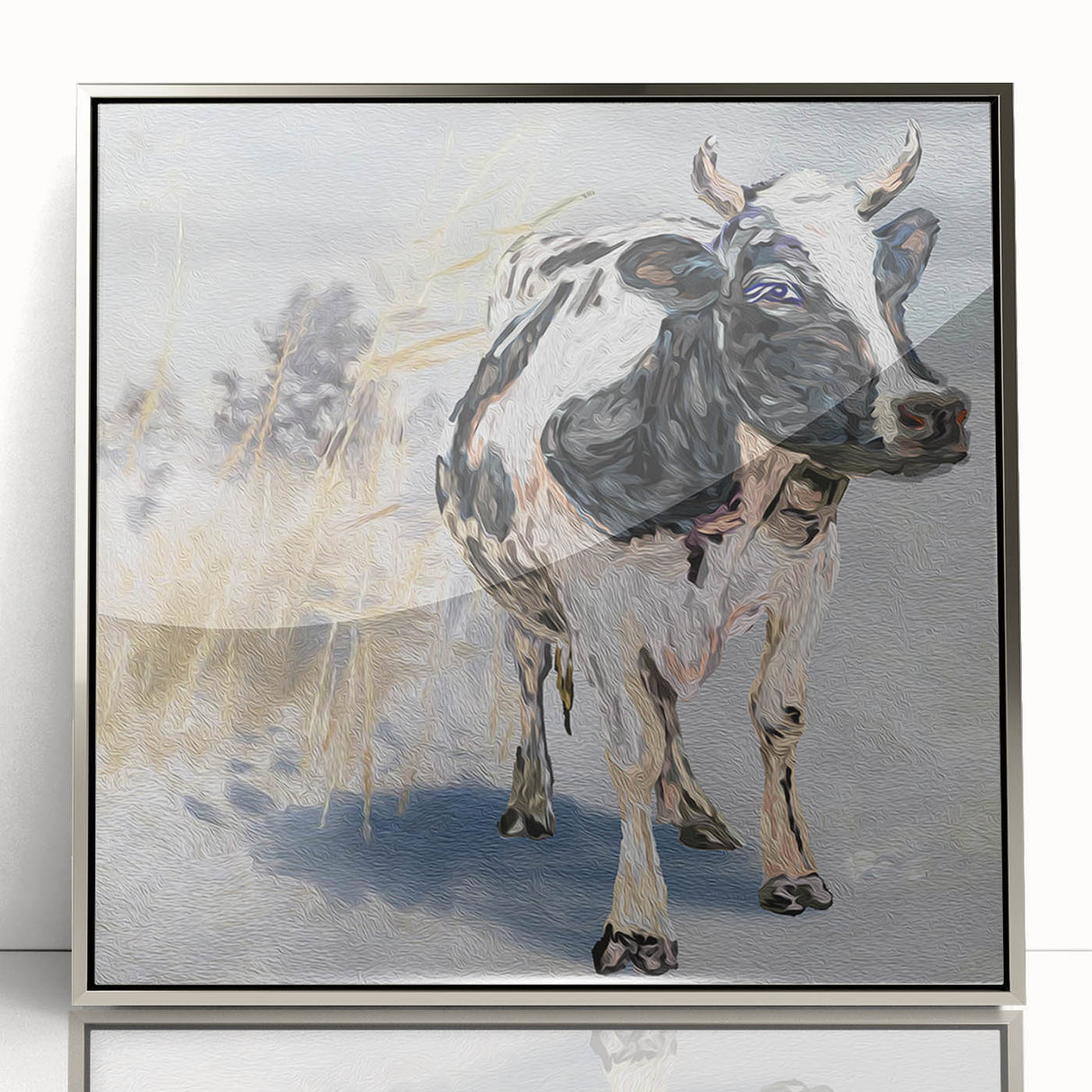 Framed wall art featuring a striking silver-accented cow design from the Animals A Wild Life collection, showcasing intricate details and vibrant colors. Ideal for enhancing modern home decor.