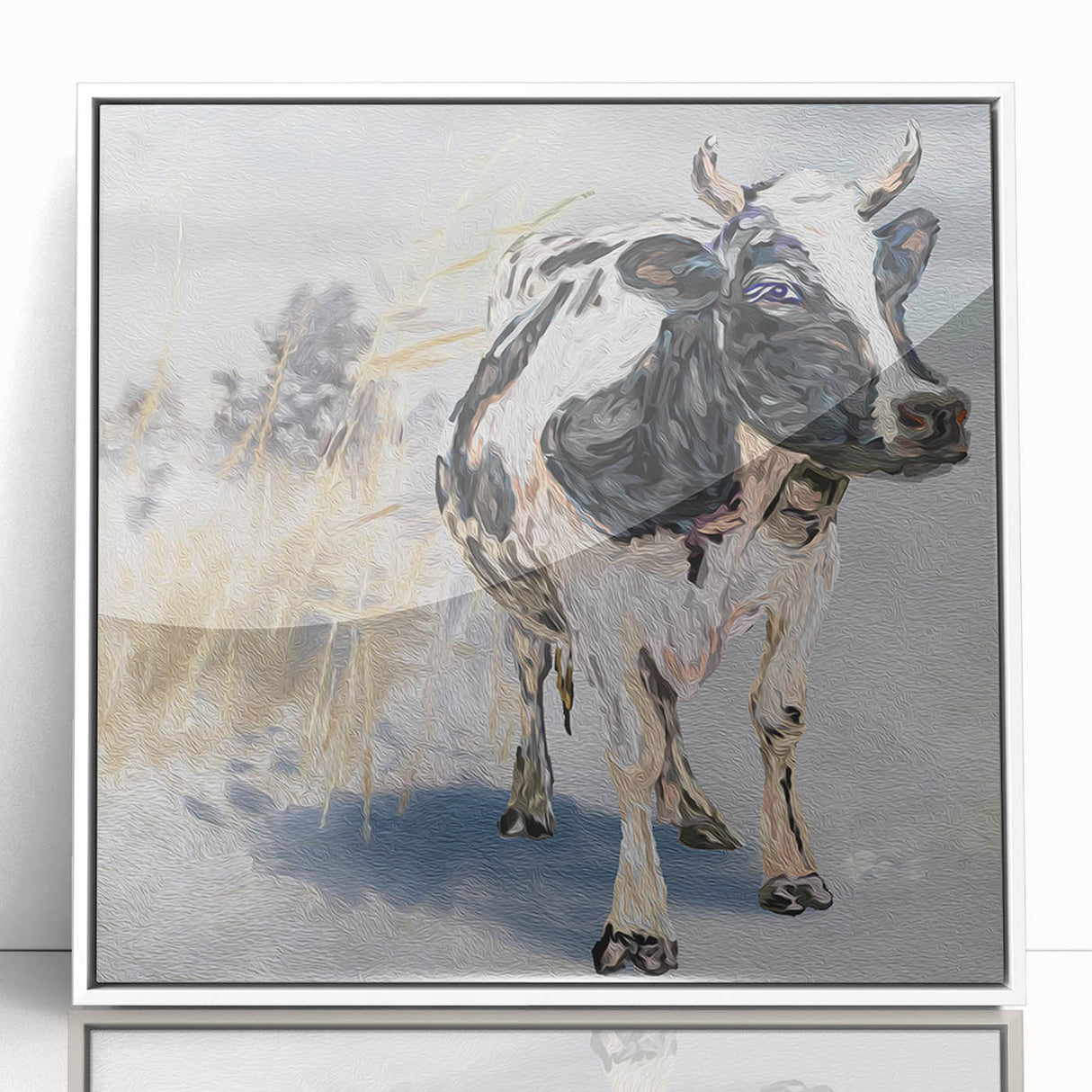 Framed acrylic wall art featuring a striking cow design in a minimalist style, displayed against a white background to enhance its vibrant colors and modern aesthetic. Perfect for animal lovers and contemporary decor enthusiasts.