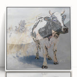 Framed acrylic wall art featuring a striking cow design in a minimalist style, displayed against a white background to enhance its vibrant colors and modern aesthetic. Perfect for animal lovers and contemporary decor enthusiasts.