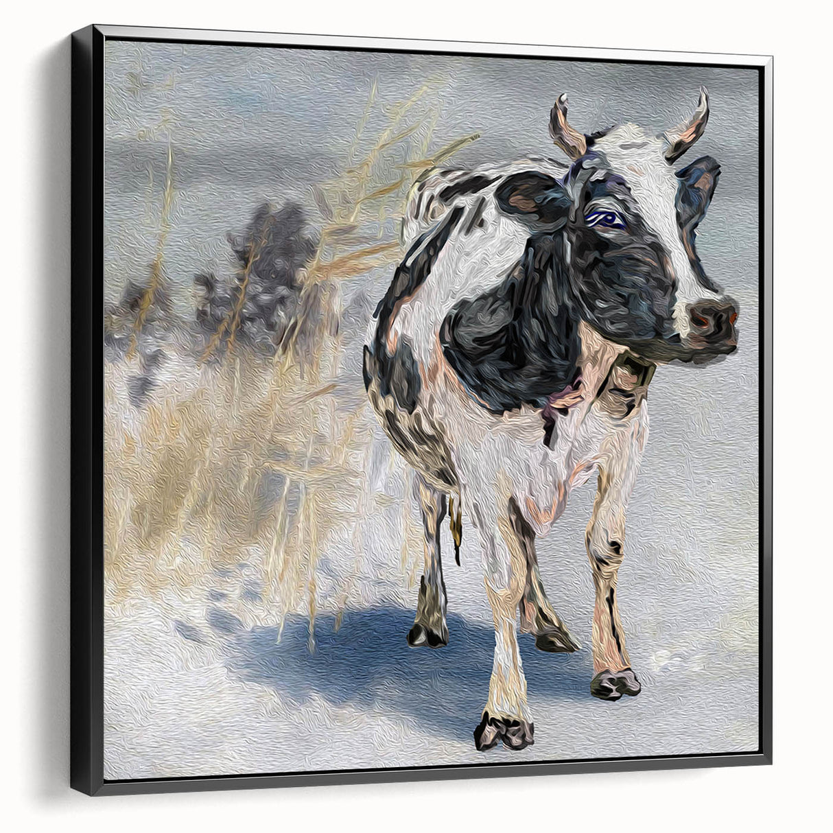 Framed wall art featuring a black and white cow design from the "Animals A Wild Life" collection, showcasing a contemporary aesthetic ideal for modern decor.