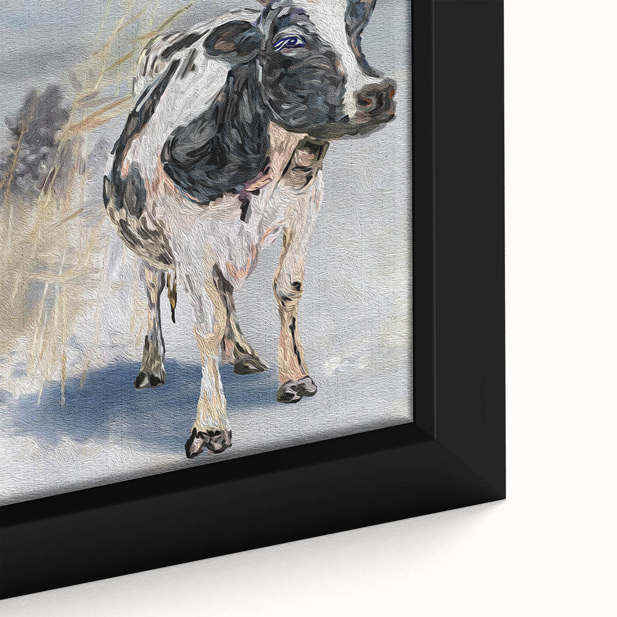 Close-up of a framed canvas wall art piece featuring a detailed illustration of a cow, showcasing its unique fur patterns and expressive eyes, set against a neutral background. This design captures the essence of wildlife art, perfect for nature enthusiasts and home decor lovers.