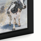 Close-up of a framed canvas wall art piece featuring a detailed illustration of a cow, showcasing its unique fur patterns and expressive eyes, set against a neutral background. This design captures the essence of wildlife art, perfect for nature enthusiasts and home decor lovers.