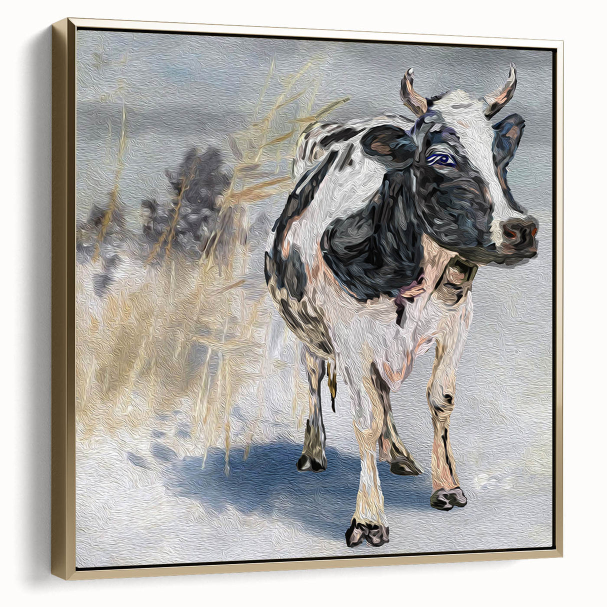 Framed canvas wall art showcasing a stylish cow design in a modern gold frame, ideal for enhancing contemporary home decor with a touch of wildlife elegance.