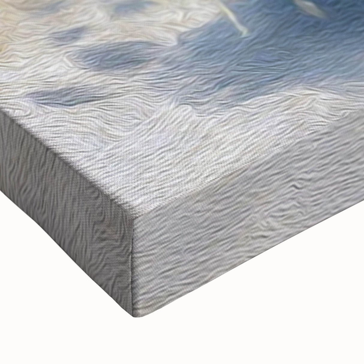 Close-up of a vibrant stretched canvas artwork depicting a serene cow design, showcasing detailed textures and warm colors, ideal for animal-themed home decor.