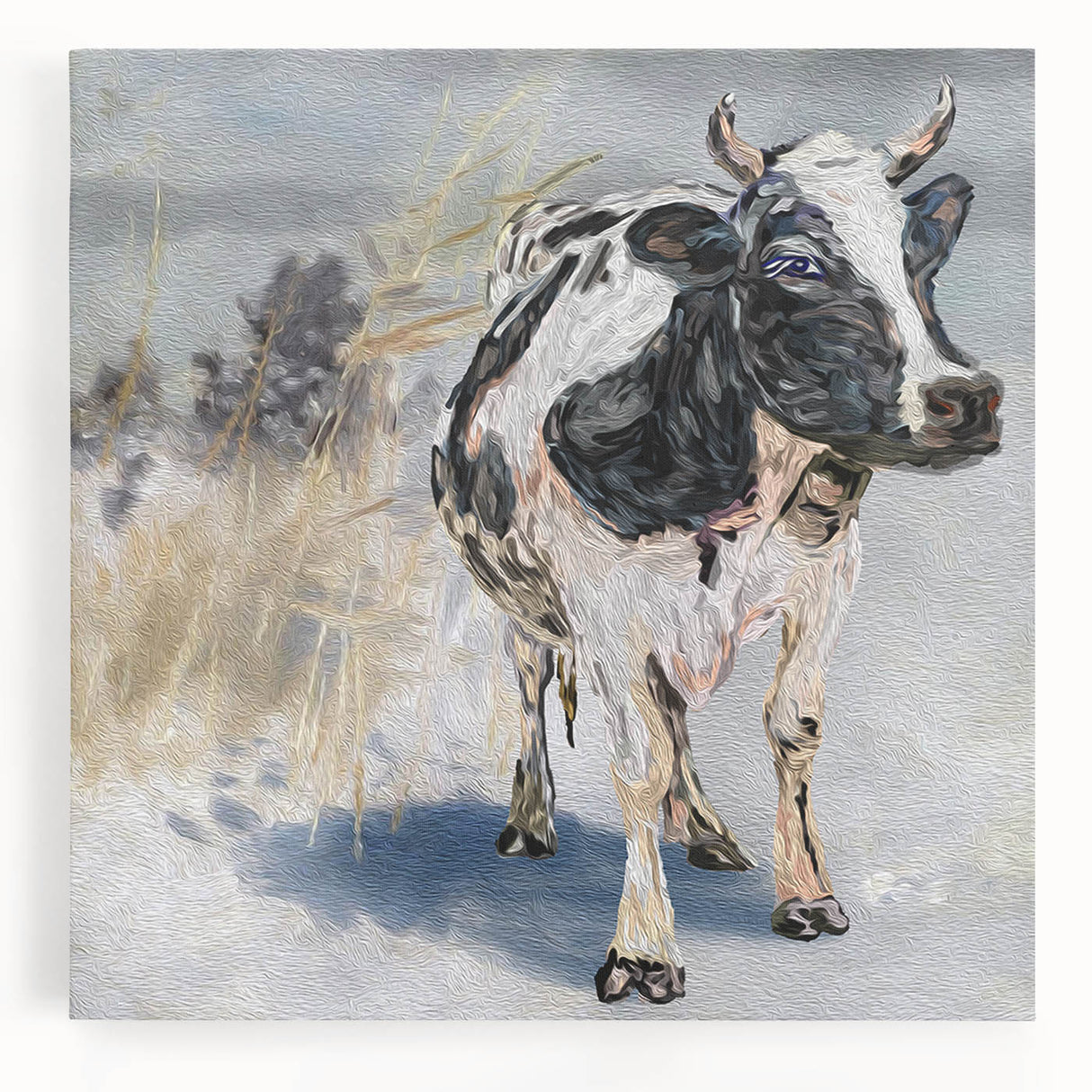 Stretched canvas wall art featuring a detailed cow design, showcasing vibrant colors and intricate patterns, perfect for animal lovers and home decor enthusiasts.