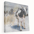 Stretched canvas wall art featuring a side view of a whimsical cow design, showcasing vibrant colors and playful patterns, ideal for animal lovers and home decor enthusiasts.